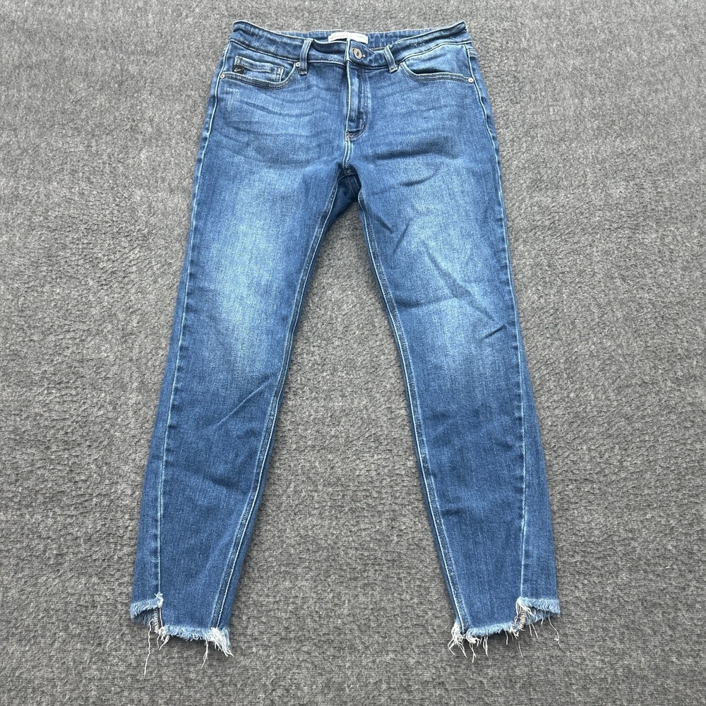 Kancan Mid Rise Ankle Skinny Jeans Distressed Frayed Hem Blue Size 30